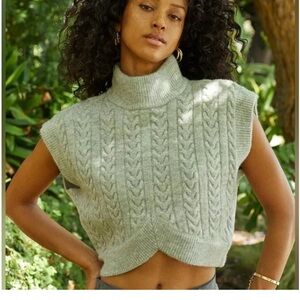 Crescent Light Gray Cable Knit Turtleneck Sweater Vest